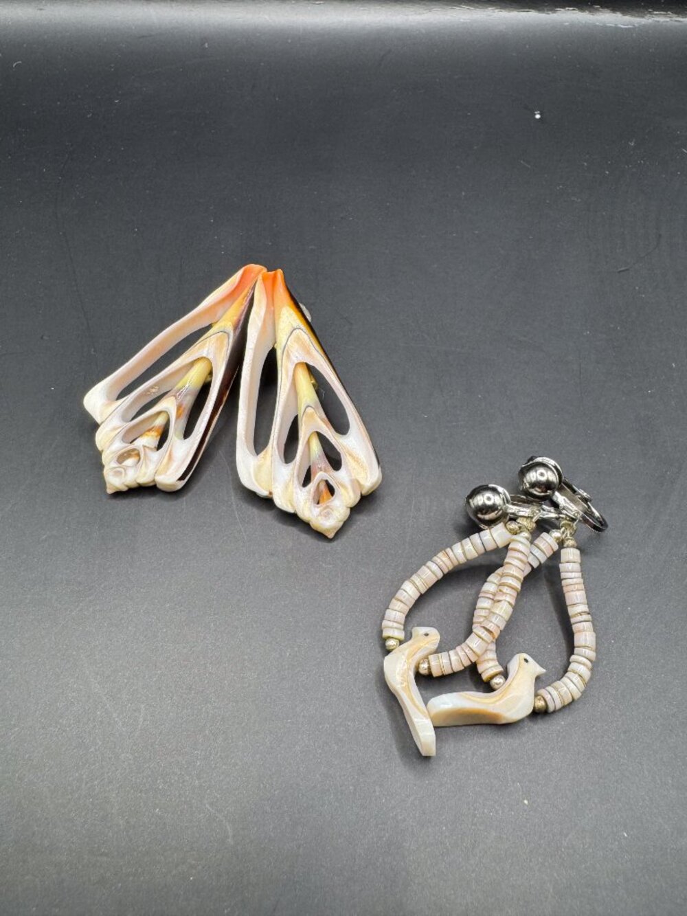 Vintage Shell Clip On Earrings Lot 2 Pairs Hand Carved Birds Coastal Boho